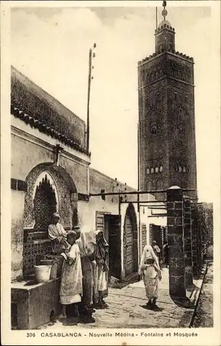 Ak Casablanca Marokko, Nouvelle Medina, Fontaine et Mosquee, Brunnen, Minarett