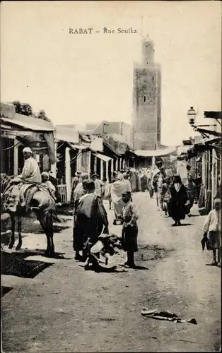 Ak Rabat Marokko, Rue Souika, Marktszene, Minarett