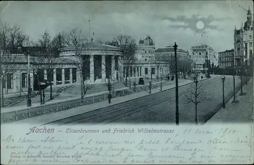 Mondschein Ak Aachen Westfalen, Elisenbrunnen und Friedrich Wilhelmstrasse