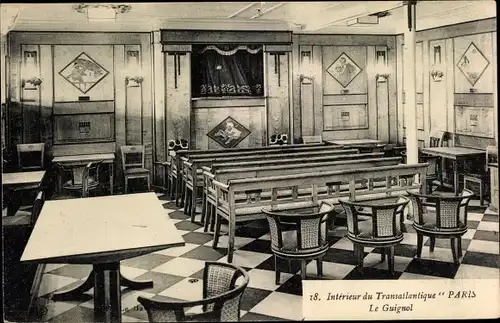 Ak Dampfschiff, Dampfer, Interieur du Transatlantique Paris, Le Guignol, CGT, French Line
