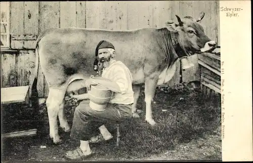 Ak Bauer beim Melken, Kuh, Schweizerische Tracht, Landwirtschaft
