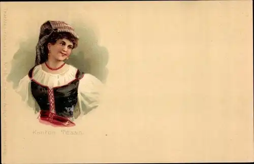 Präge Litho Kanton Tessin, Frau in schweizerischer Tracht