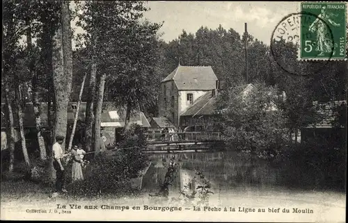 Ak Frankreich, La Vie aux Champs en Bourgogne, La Pêche à la Ligne au bief du Moulin