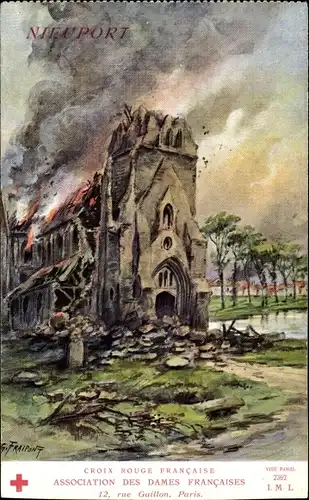Künstler Ak Fraipont, G., Nieuwpoort Westflandern, Kirche, Kriegszerstörungen, I. WK