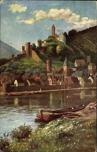 Künstler Ak Hoffmann H., Hirschhorn am Neckar, Flusspartie mit Ortschaft