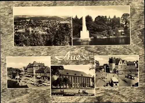 Ak Aue im Erzgebirge Sachsen, Im Stadtgarten, Fontäne, Altmarkt, Kulturhaus, Panorama