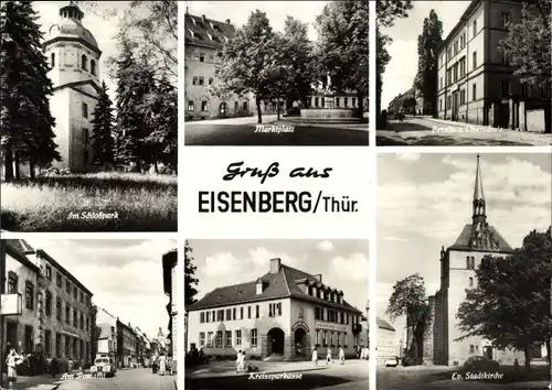 Ak Eisenberg in Thüringen, Schloßpark, Marktplatz, Postamt, Kreissparkasse, Ev.Stadtkirche, Schule