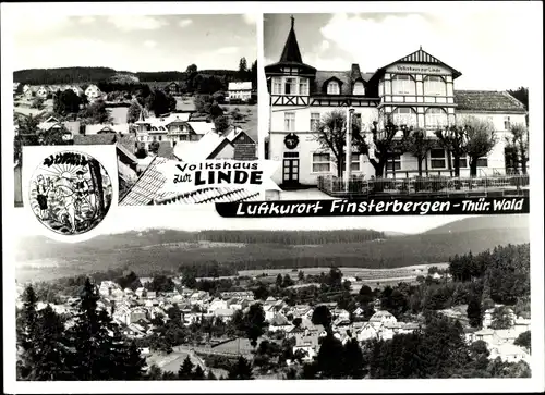 Ak Finsterbergen Friedrichroda im Thüringer Wald, Volkshaus zur Linde, Panorama vom Ort, Wappen