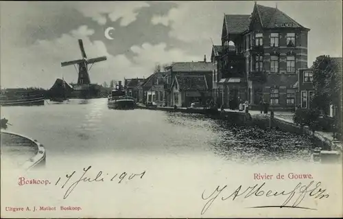 Ak Boskoop Alphen aan den Rijn Südholland Niederlande, Riviert de Gouwe, Windmühle, Hotel, Nacht