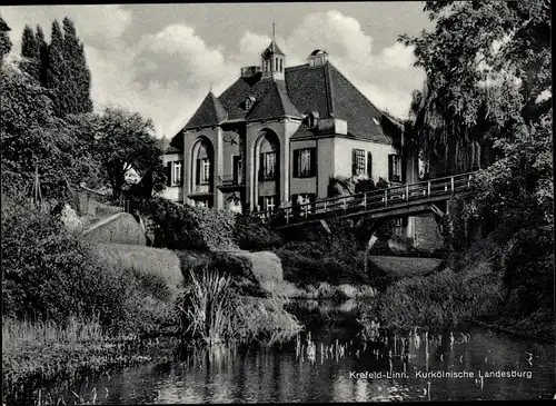 Ak Linn Krefeld am Niederrhein, Kurkölnische Landesburg, Außenansicht, Teich