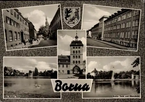 Ak Borna in Sachsen, Breiter Teich, Oberschule, Poliklinik, Ernst-Thälmann-Str, Wappen