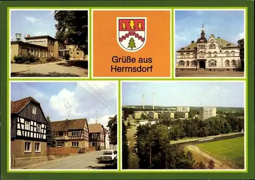 Wappen Ak Hermsdorf in Thüringen, Bahnhof, Rathaus, Fachwerkhäuser, Teilansicht