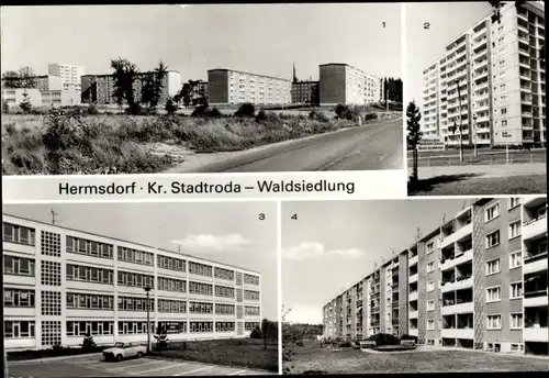 Ak Hermsdorf in Thüringen, Waldsiedlung, Hochhaus, Polytechnische Oberschule, Am Stadion