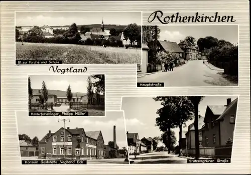 Ak Rothenkirchen Steinberg im Vogtland, Hauptstraße, Blick zur Kirche und Schule, Kinderferienlager