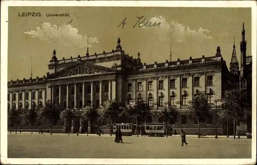 Ak Leipzig in Sachsen, Universität, Außenansicht, Straßenbahn, Straßenszene