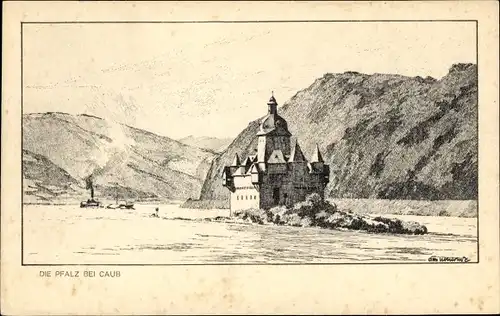 Künstler Ak Caub Kaub am Rhein, Burg Pfalzgrafenstein, Pfalz