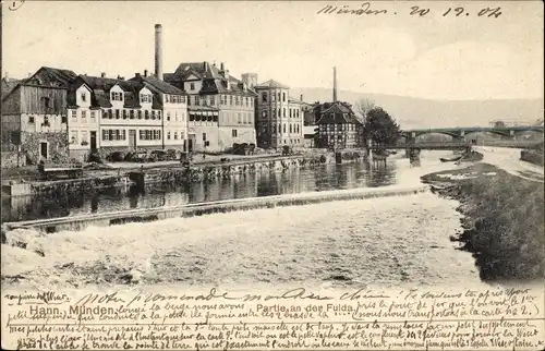 Ak Hann. Münden in Niedersachsen, Partie an der Fulda, Ufer, Brücke