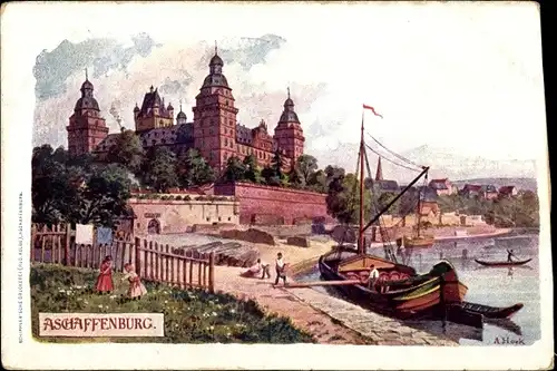 Künstler Ak Hock, A., Aschaffenburg in Unterfranken Bayern, Blick zum Schloss, Segelschiff