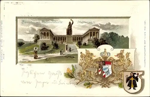 Präge Wappen Passepartout Litho München, Bavaria und Ruhmeshalle