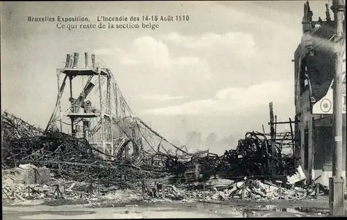 Ak Bruxelles Brüssel, Weltausstellung 1910, L'Encendie 14-15 Aout, Brand