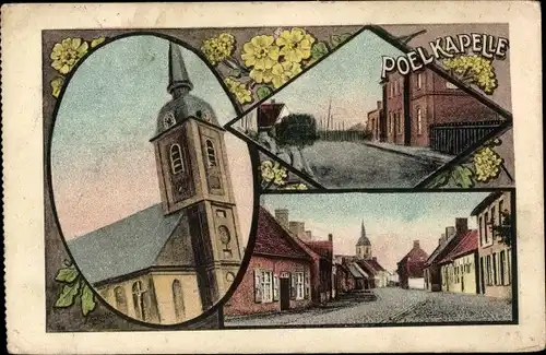 Ak Langemark Poelkapelle Westflandern, Teilansichten, Kirche, Straßenpartien