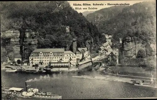 Ak Hřensko Herrnskretschen Elbe Region Aussig, Blick von Schöna, Dampfschiffe