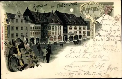 Mondschein Litho München, Hofbräuhaus bei Nacht, Kindl