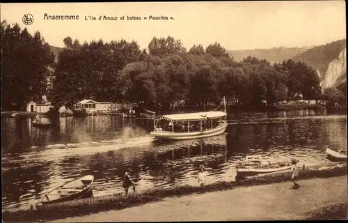 Ak Anseremme Dinant Wallonien Namur, L'Ile d'Amour et bateau Mouettes