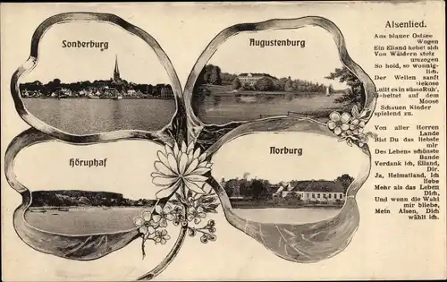 Kleeblatt Ak Sønderborg Sonderburg Dänemark, Augustenburg, Höruphaf, Norburg, Alsenlied