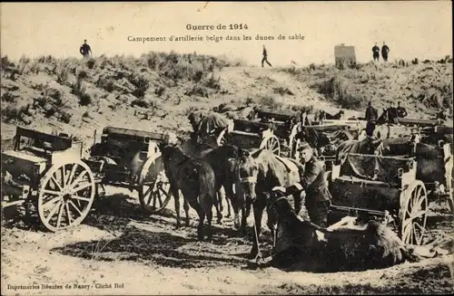 Ak Campement d'artillerie belge dans les dunes de sable, I WK