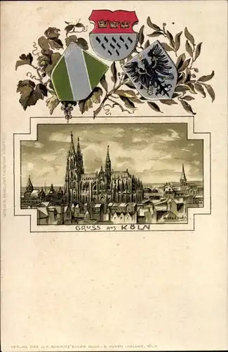 Künstler Präge Wappen Litho Köln am Rhein, Stadtansicht mit Dom