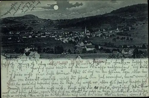 Mondschein Ak Weiler Simmerberg im Allgäu, Gesamtansicht