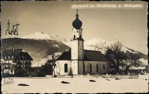 Ak Ehrwald in Tirol, Grubigstein und Bleispitze, Kirche und Hotel