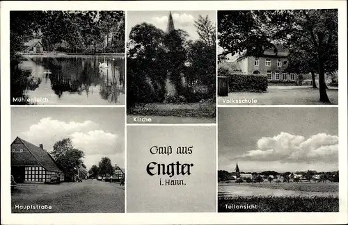 Ak Engter Bramsche in Niedersachsen, Mühlenteich, Kirche, Volksschule, Hauptstraße, Teilansicht