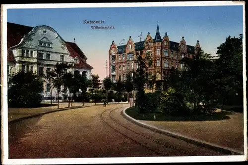 Ak Kattowitz Schlesien, Wilhelmsplatz, Gleise, Gebäude