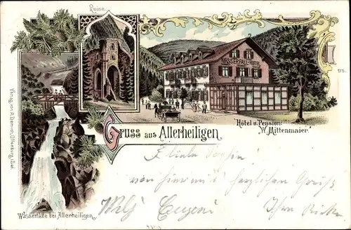 Litho Oppenau im Schwarzwald, Klosterruine Allerheiligen, Wasserfälle, Hotel und Pension