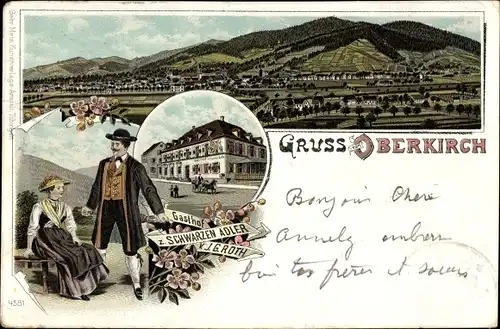 Litho Oberkirch im Renchtal Baden, Trachten, Gasthof zum Schwarzen Adler, Totalansicht