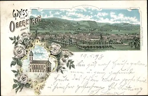 Litho Oberkirch im Renchtal Baden, Totalansicht der Ortschaft, Kirche