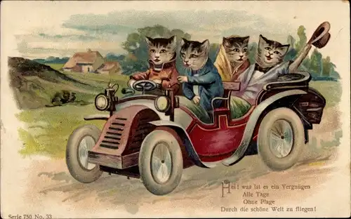 Präge Litho Vermenschlichte Katzen in einem Automobil