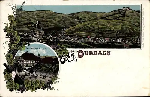 Litho Durbach in Baden, Gasthaus zum Ritter, Totalansicht der Ortschaft, Weinreben