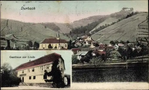 Ak Durbach in Baden, Gasthaus zur Linde, Blick auf den Ort, Kirche