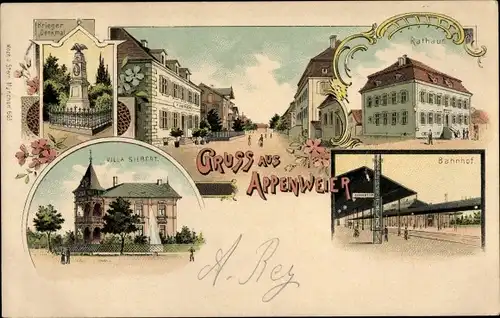 Litho Appenweier in Baden Schwarzwald, Bahnhof, Gleisseite, Rathaus, Villa Siebert, Kriegerdenkmal