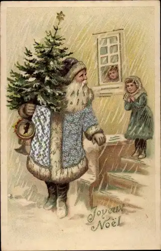 Litho Glückwunsch Weihnachten, Weihnachtsmann mit Tannenbaum vor einem Haus, Kinder