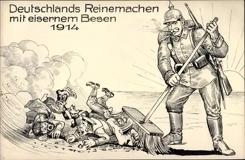 Ak Deutschlands Reinemachen mit eisernem Besen 1914, Deutscher Soldat beim Fegen, Propaganda