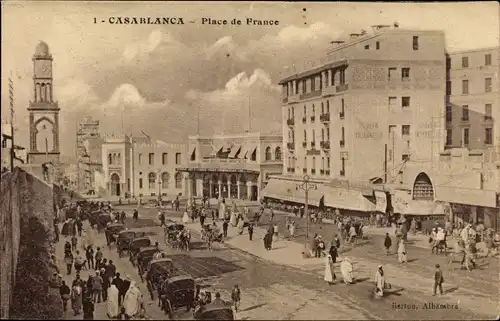 Ak Casablanca Marokko, Place de France, Straßenansicht, Glockenturm,