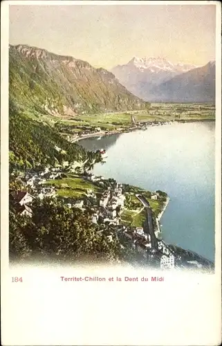 Ak Territet Montreux Kt. Waadt, Chillon et la Dent du Midi, Panorama, See