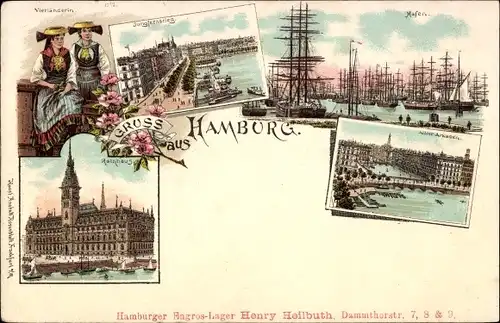 Litho Hamburg MItte Altstadt, Hafenpartie, Segelboote, Vierländerin, Jungfernstieg