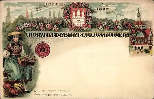 Litho Hamburg, Allgemeine Gartenbauausstellung 1897, Händlerin in Tracht