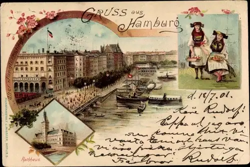 Litho Hamburg Mitte Altstadt, Alter Jungfernstieg, Rathaus, Mädchen in Vierländer Tracht