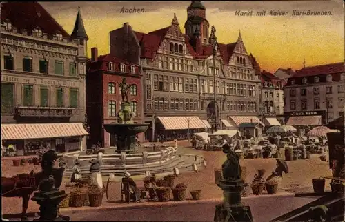 Ak Aachen Westfalen, Markt mit Kaiser Karl-Brunnen, Sonnenaufgang